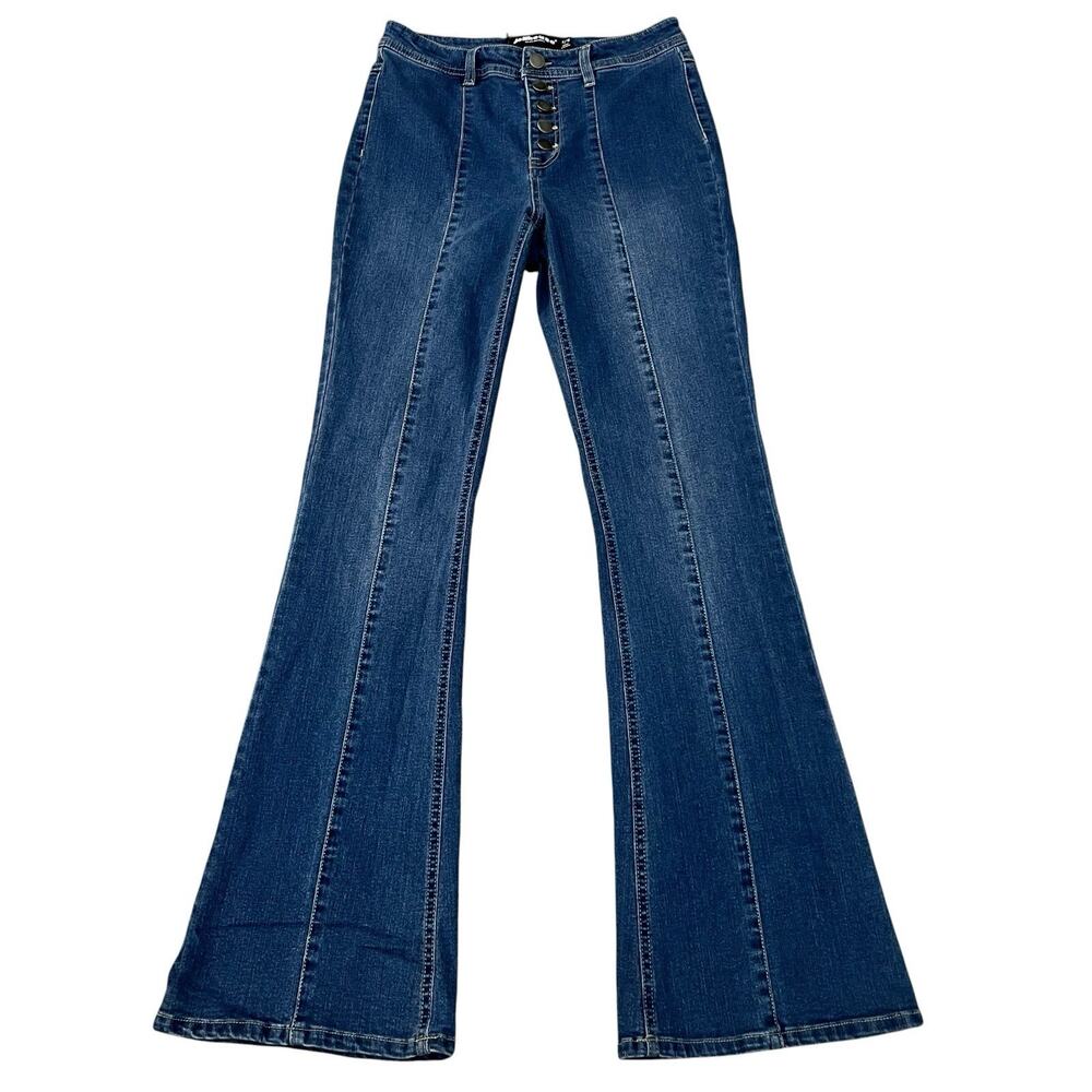 Dollhouse Button Fly Flare Jeans Size 7/8 Dark Blue Y2K Retro Festival Hippie
